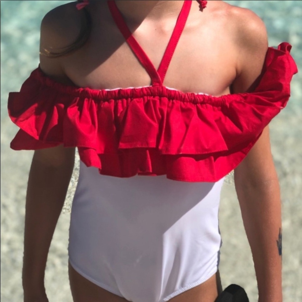 Girls 2Pc Swimsuit Size 6 Red White Ruffle Off Shoulder Pageant Set Bow Boutique